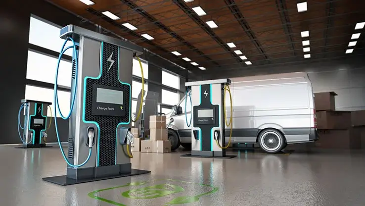 A silver electric van in a garage on charge