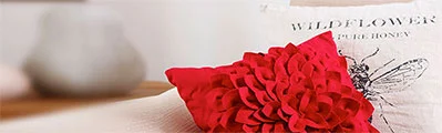 A close-up of a flowery red cushion and a cushion with a bee print on a sofa