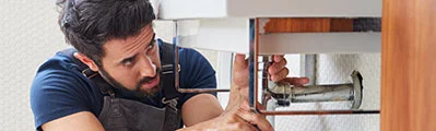 A plumber is fixing a leaking sink in a client's bathroom.